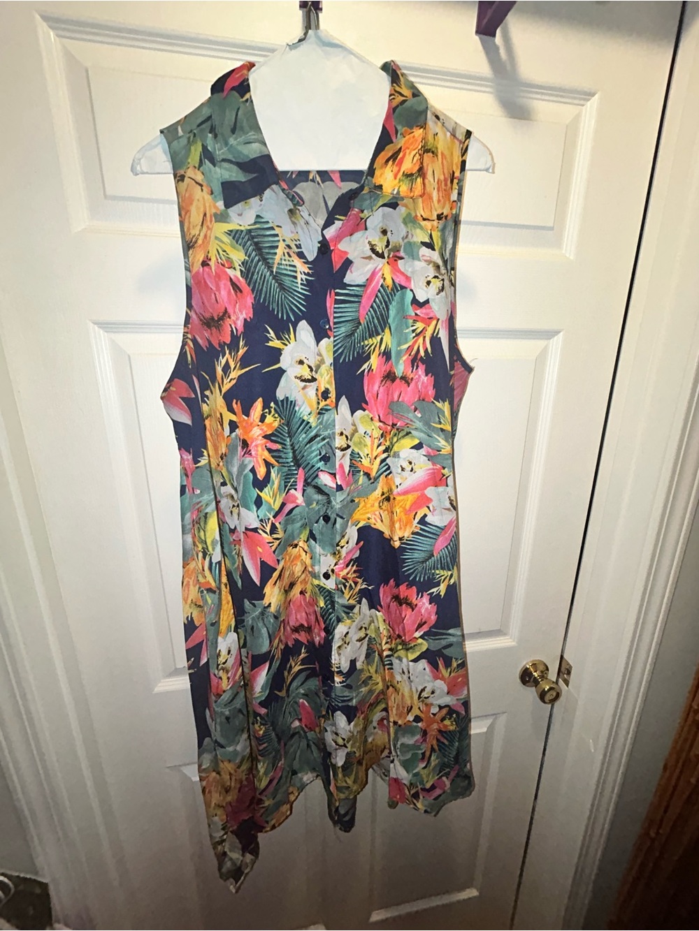 Sleeveless Tropical Floral A-Line Dress in Navy and Multicolor